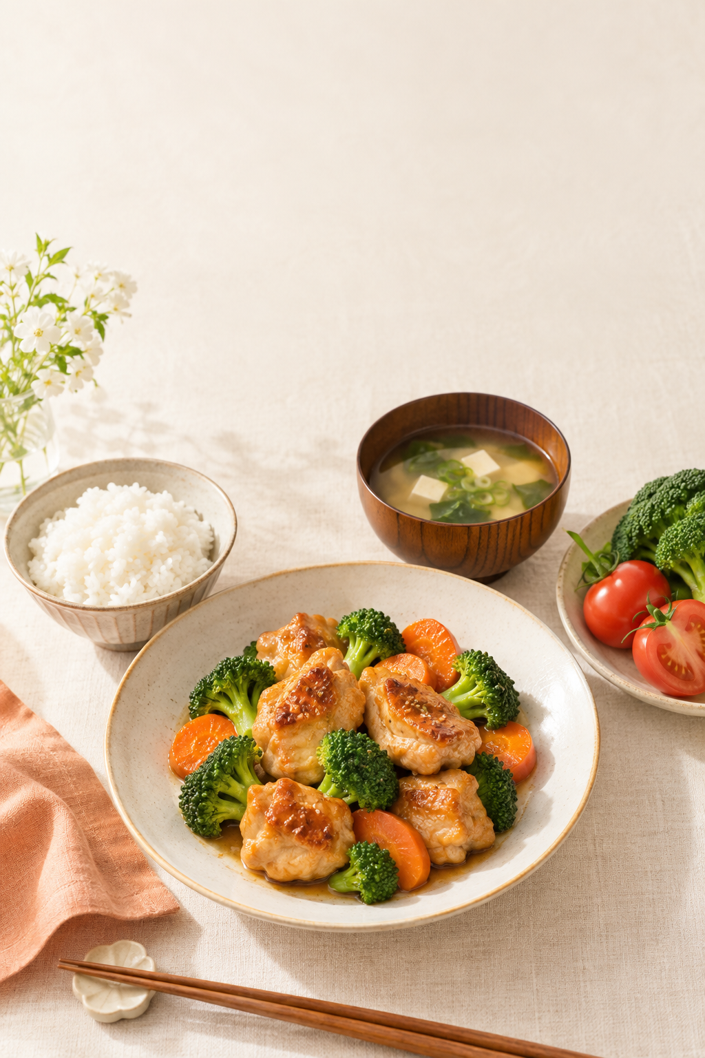 鶏肉と野菜のおかず、ごはん、味噌汁のある食卓